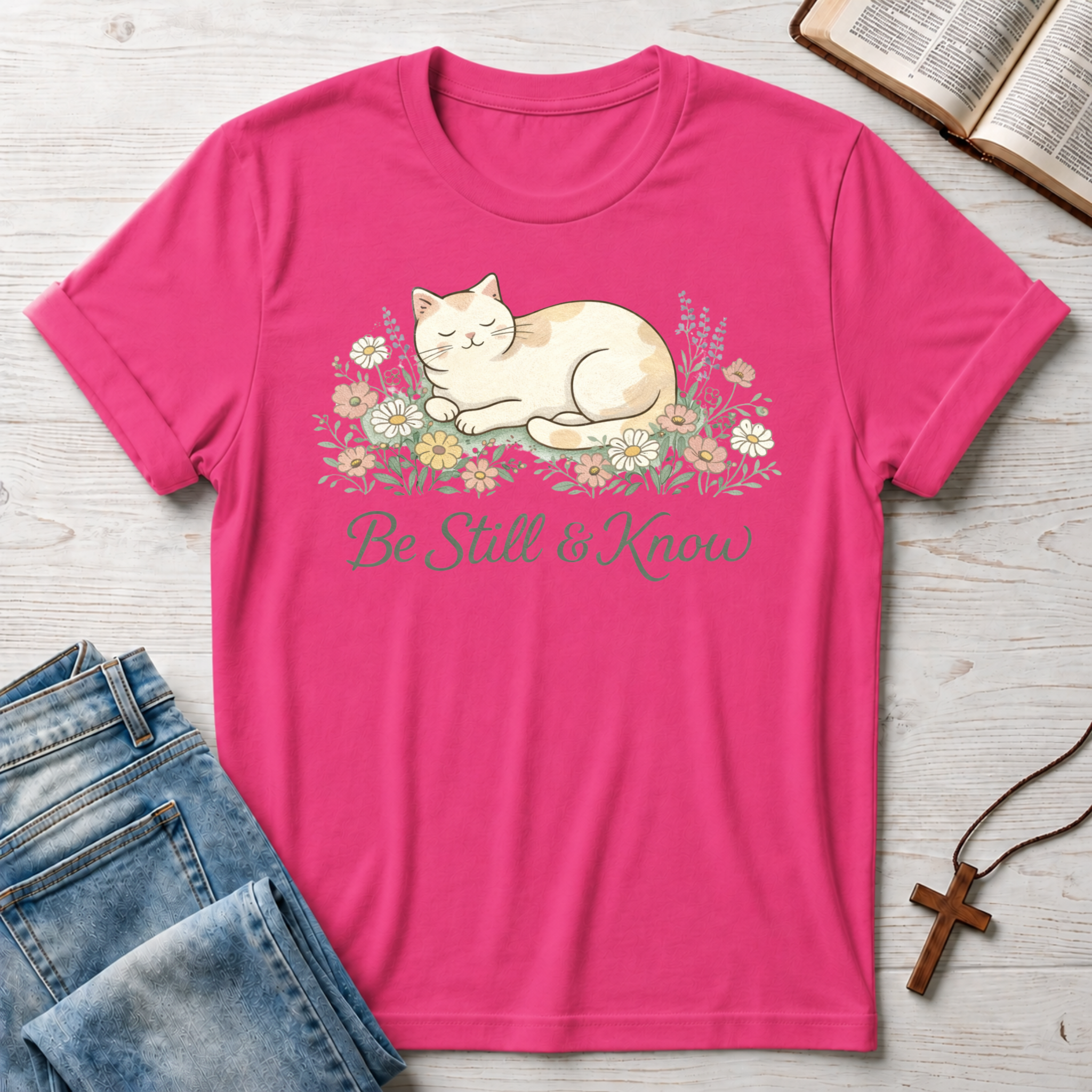 Floral Be Still & Know Cat T-Shirt
