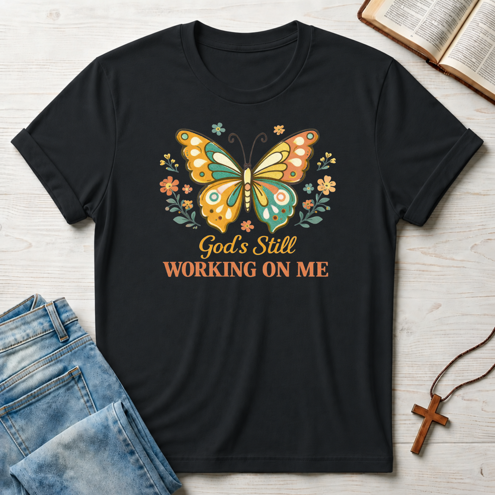 God's Still Working On Me Butterfly T-Shirt