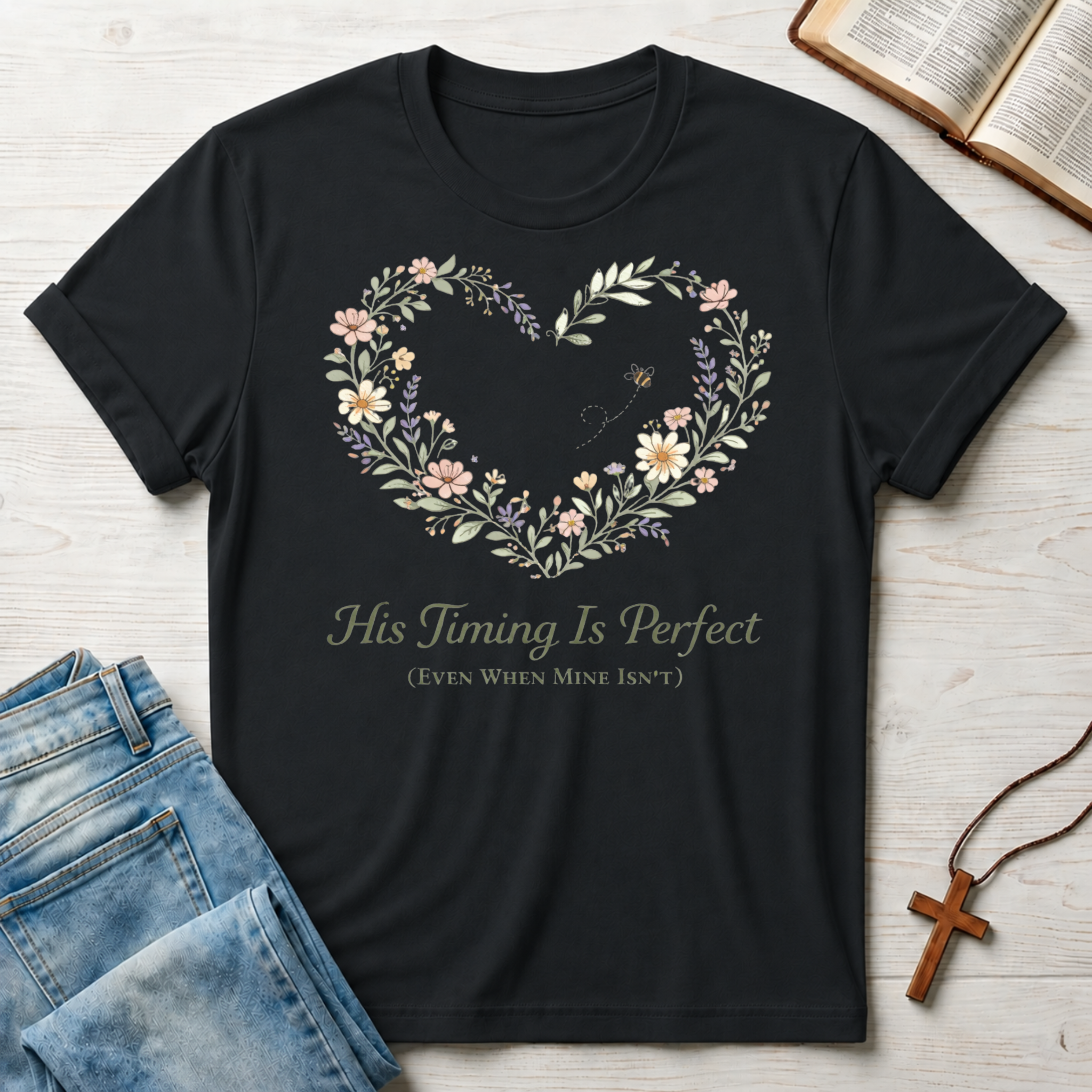 His Timing Is Perfect Heart Floral T-Shirt