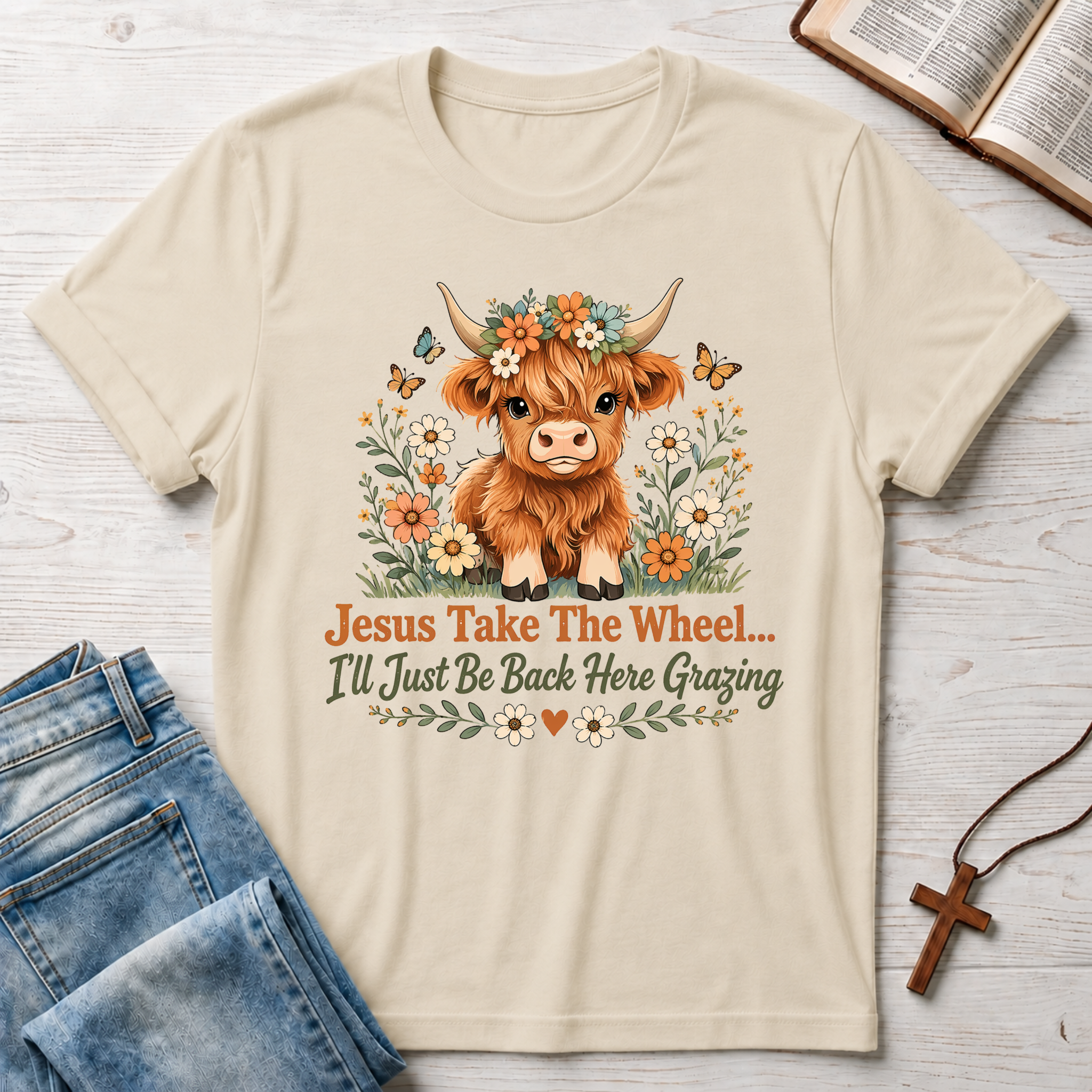 Jesus Take The Wheel Highland Cow Humor T-Shirt
