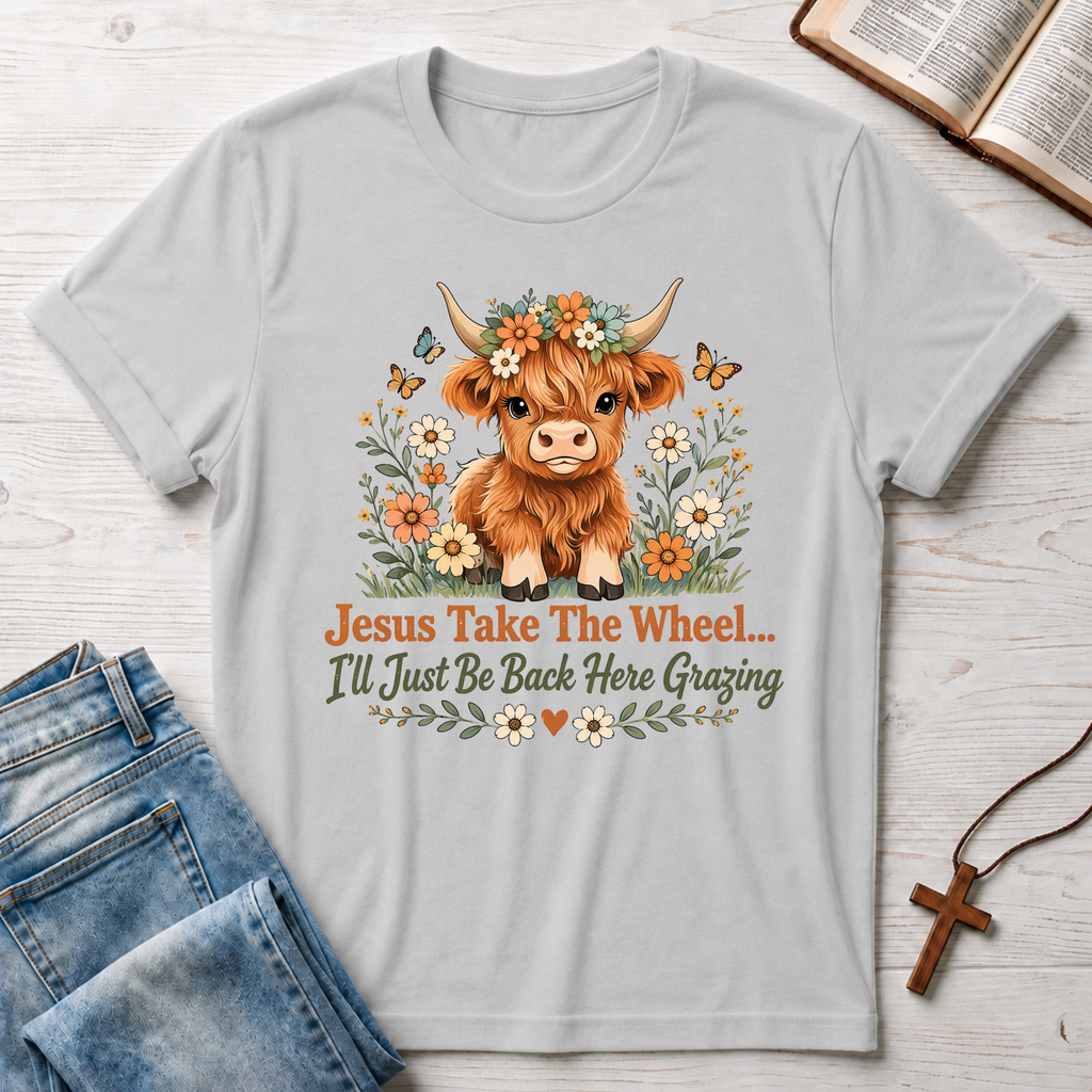 Jesus Take The Wheel Highland Cow Humor T-Shirt